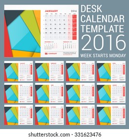 Desk Calendar for 2016 Year. Vector Stationery Design Template with Material Design Abstract Background, Company Logo and Contact Information. Week Starts Monday. 12 Months