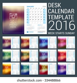 Desk Calendar for 2016 Year. Vector Stationery Design Template with Motivational Quote on the Blurred Background, Company Logo and Contact Information. Week Starts Sunday. 3 Months on Page