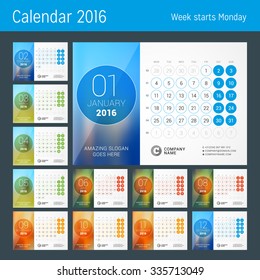 Desk Calendar for 2016 Year. Vector Design Print Template with Place for Photo and Circles. Week Starts Monday. Calendar Grid with Week Numbers. Set of 12 Months