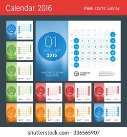 Desk Calendar for 2016 Year. Vector Design Print Template with Place for Photo and Circles. Week Starts Sunday. Calendar Grid with Week Numbers. Set of 12 Months