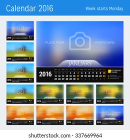 Desk Calendar for 2016 Year. Vector Design Print Template with Place for Photo. Week Starts Monday. Set of 12 Months