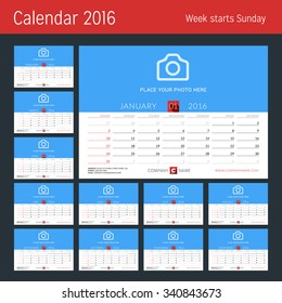 Desk Calendar for 2016 Year. Vector Design Print Template with Place for Photo. Set of 12 Months. Week Starts Sunday