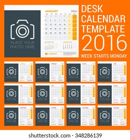 Desk Calendar for 2016 Year. Vector Stationery Design Template. Week Starts Sunday. 3 Months on Page