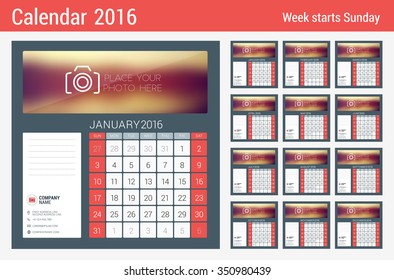 Desk Calendar for 2016 Year. Vector Stationery Design Template with Place for Photo, Company Logo and Contact Information. Week Starts Sunday. 12 Months