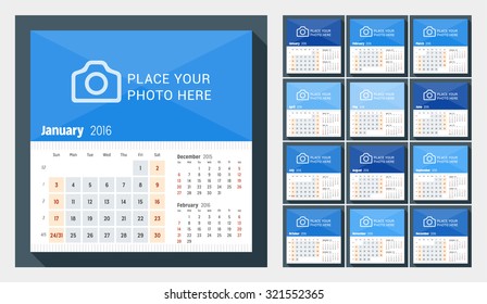 Desk Calendar for 2016 Year. Week Starts Sunday. 3 Months on Page. Set of 12 Months. Vector Design Print Template with Place for Photo