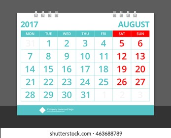 Desk calendar 2017 August design layout template vector for corporate business week start on Monday.Size 8" x 6". EPS-10.
