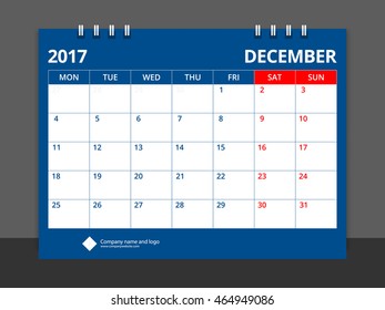 Desk calendar 2017 December design layout template blue red and white colors vector for corporate business week start on Monday.Size 8" x 6". EPS-10.