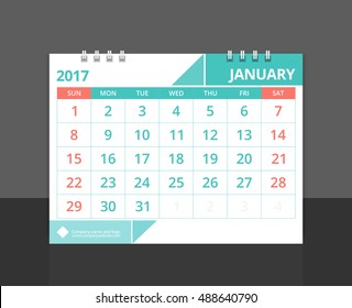 Desk calendar 2017 January design layout template vector for corporate business week start on Sunday. Size 8"x 6" horizontal. EPS-10.