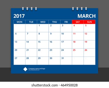Desk calendar 2017 March design layout template blue red and white colors vector for corporate business week start on Monday.Size 8" x 6". EPS-10.