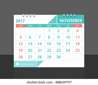 Desk calendar 2017 November design layout template vector for corporate business week start on Sunday. Size 8"x 6" horizontal. EPS-10.