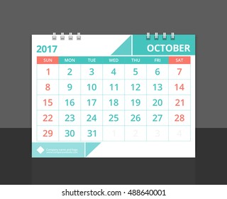 Desk calendar 2017 October design layout template vector for corporate business week start on Sunday. Size 8"x 6" horizontal. EPS-10.
