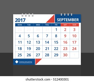 Desk calendar 2017 September design layout template vector for corporate business week start on Monday. Size 8"x 6" horizontal. EPS-10.
