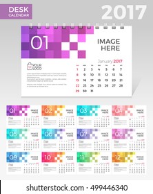 Desk Calendar 2017. Simple Colorful pixels minimal elegant desk calendar template in white background