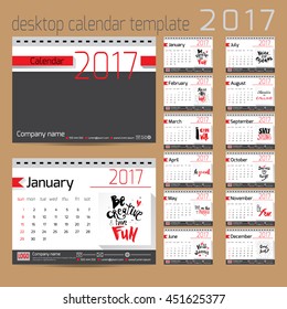 Desk calendar 2017. Vector design template with motivational quotes. Set of 12 months. 