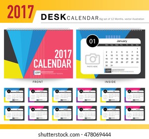 Desk Calendar 2017 Vector Design Template. Big set of 12 Months. Week Starts Monday, Colorful