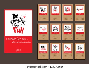 Desk calendar for 2017. Vector design template with motivational quotes. Set of 12 months. 
