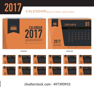 Desk Calendar 2017 Vector Design Template. Big set of 12 Months. Week Starts Monday