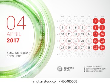 Desk Calendar for 2017 Year. April. Week Starts Monday. Vector Design Print Template with Abstract Circle Background