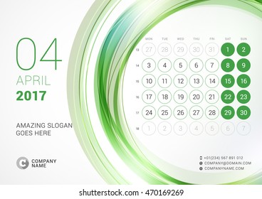 Desk Calendar for 2017 Year. April. Week Starts Monday. Vector Design Print Template with Abstract Circle Background