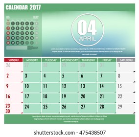 Desk Calendar for 2017 Year. April. Vector Design Print Template with Place for Photo. Week Starts Sunday