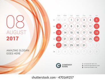 Desk Calendar for 2017 Year. August. Week Starts Sunday. Vector Design Print Template with Abstract Circle Background
