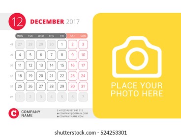 Desk Calendar for 2017 Year. December. Vector Design Print Template with Place for Photo. Week Starts on Monday. Calendar Grid with Week Numbers