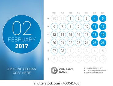 Desk Calendar for 2017 Year. February. Vector Design Print Template with Place for Photo. Week Starts Monday