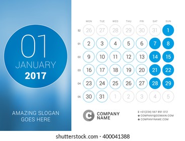 Desk Calendar for 2017 Year. January. Vector Design Print Template with Place for Photo. Week Starts Monday
