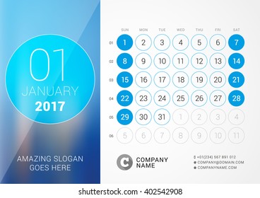 Desk Calendar for 2017 Year. January. Vector Design Print Template with Place for Photo. Week Starts Sunday