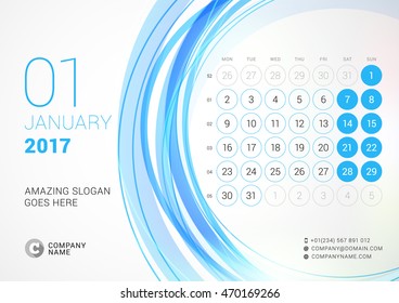 Desk Calendar for 2017 Year. January. Week Starts Monday. Vector Design Print Template with Abstract Circle Background