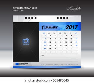 Desk Calendar for 2017 Year, january 2017 year,Week Starts Monday, calendar template with Place for Photo, blue calendar 2017