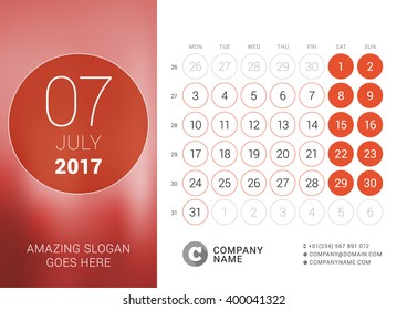 Desk Calendar for 2017 Year. July. Vector Design Print Template with Place for Photo. Week Starts Monday