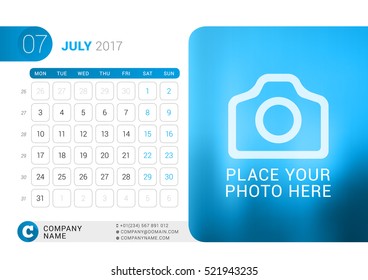 Desk Calendar for 2017 Year. July. Vector Design Print Template with Place for Photo. Week Starts on Monday. Calendar Grid with Week Numbers