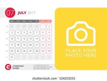 Desk Calendar for 2017 Year. July. Vector Design Print Template with Place for Photo. Week Starts on Monday. Calendar Grid with Week Numbers