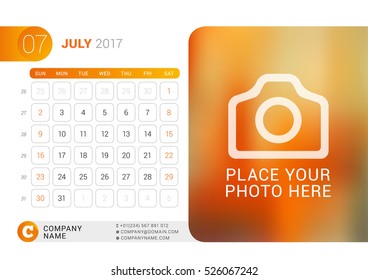 Desk Calendar for 2017 Year. July. Vector Design Print Template with Place for Photo, Logo and Contact Information. Week Starts on Sunday. Calendar Grid with Week Numbers