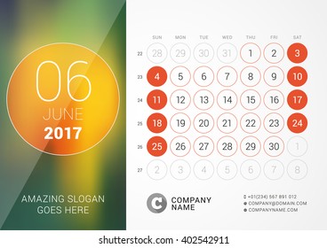 Desk Calendar for 2017 Year. June. Vector Design Print Template with Place for Photo. Week Starts Sunday