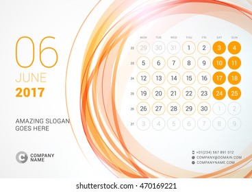 Desk Calendar for 2017 Year. June. Week Starts Monday. Vector Design Print Template with Abstract Circle Background
