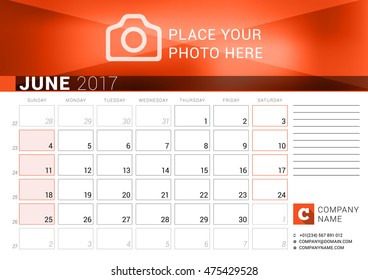 Desk Calendar for 2017 Year. June. Vector Design Print Template. Week Starts Sunday