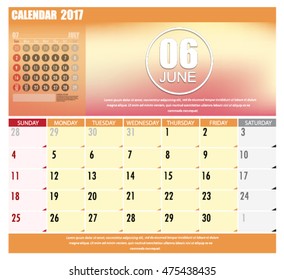 Desk Calendar for 2017 Year. June. Vector Design Print Template with Place for Photo. Week Starts Sunday