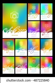 Desk Calendar for 2017 Year with lettering. Set of 12 colorful months pages and cover. Gradient mesh background. Template for design.