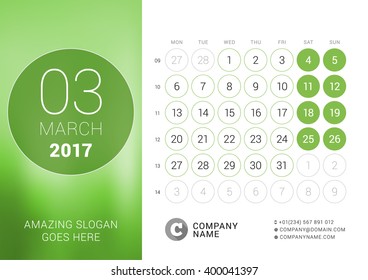 Desk Calendar for 2017 Year. March. Vector Design Print Template with Place for Photo. Week Starts Monday