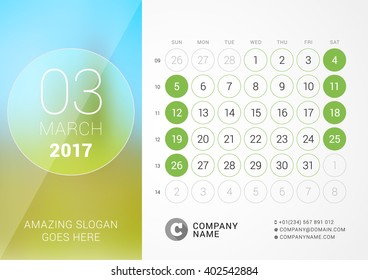 Desk Calendar for 2017 Year. March. Vector Design Print Template with Place for Photo. Week Starts Sunday
