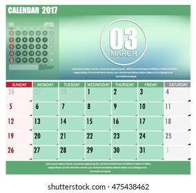 Desk Calendar for 2017 Year. March. Vector Design Print Template with Place for Photo. Week Starts Sunday