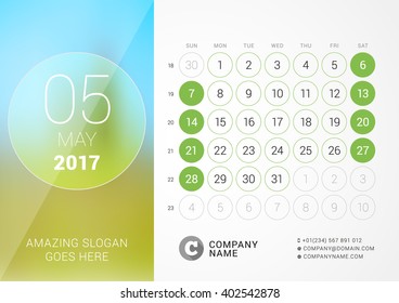 Desk Calendar for 2017 Year. May. Vector Design Print Template with Place for Photo. Week Starts Sunday