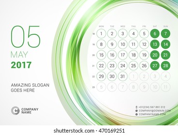 Desk Calendar for 2017 Year. May. Week Starts Monday. Vector Design Print Template with Abstract Circle Background