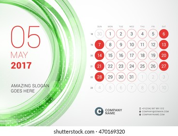 Desk Calendar for 2017 Year. May. Week Starts Sunday. Vector Design Print Template with Abstract Circle Background