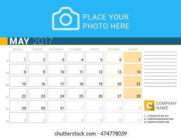 Desk Calendar for 2017 Year. May. Vector Design Print Template with Place for Photo, Logo and Contact Information. Week Starts Monday. Calendar Grid with Week Numbers and Place for Notes