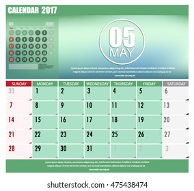 Desk Calendar for 2017 Year. May. Vector Design Print Template with Place for Photo. Week Starts Sunday