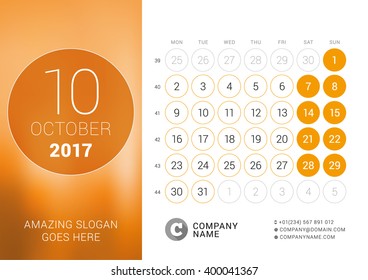 Desk Calendar for 2017 Year. October. Vector Design Print Template with Place for Photo. Week Starts Monday