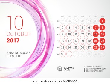 Desk Calendar for 2017 Year. October. Week Starts Monday. Vector Design Print Template with Abstract Circle Background